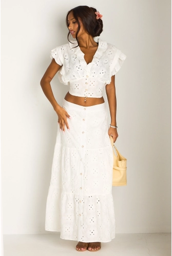 Ensemble deux pièces blanc à broderie anglaise top + jupe