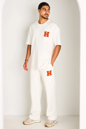 Ensemble blanc haut + pantalon à broderie
