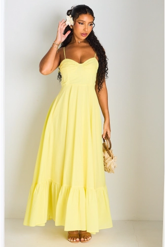 Robe longue jaune cintrée à effet bustier et volants