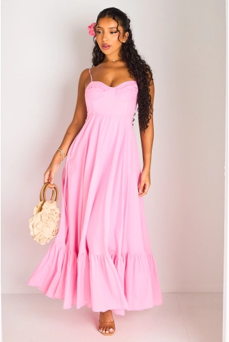 Robe longue rose cintrée à effet bustier et volants