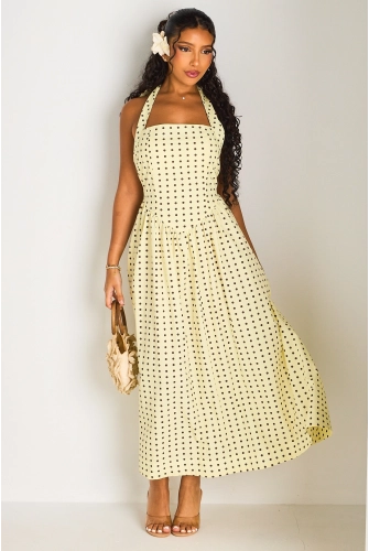 Robe jaune cintrée à dos nu et pois marrons