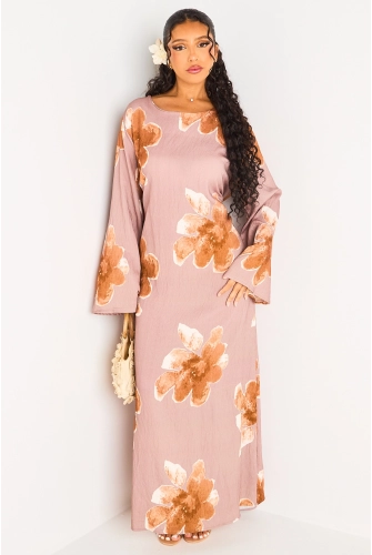 Robe longue taupe cintrée à motifs floraux marron