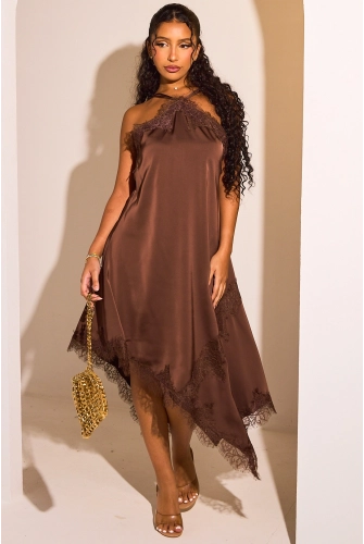 Robe asymétrique à dentelle marron