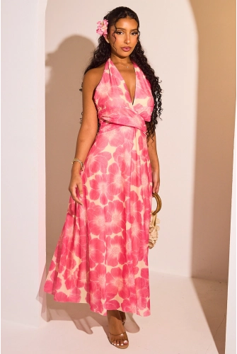 Robe ajourée rose et jaune à dos nu et motifs floraux