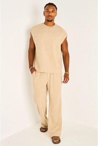 Ensemble deux pièces beige foncé haut sans manches + pantalon effet maille