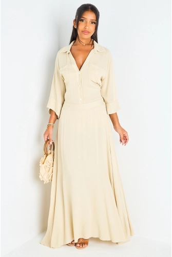 Ensemble deux pièces beige chemise manches 3/4 + jupe fluide