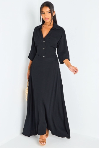 Ensemble deux pièces noir chemise manches 3/4 + jupe fluide