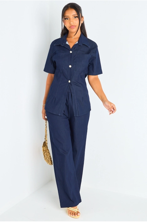 Ensemble deux pièces effet Jean bleu brut chemise manches courtes + pantalon