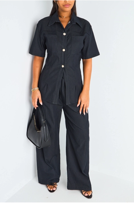 Ensemble deux pièces effet Jean noir chemise manches courtes + pantalon