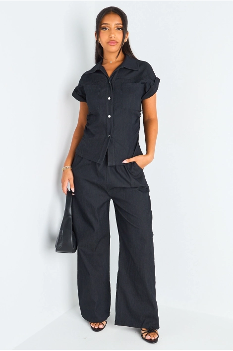 Ensemble deux pièces effet Jean noir chemise manches courtes retroussées + pantalon