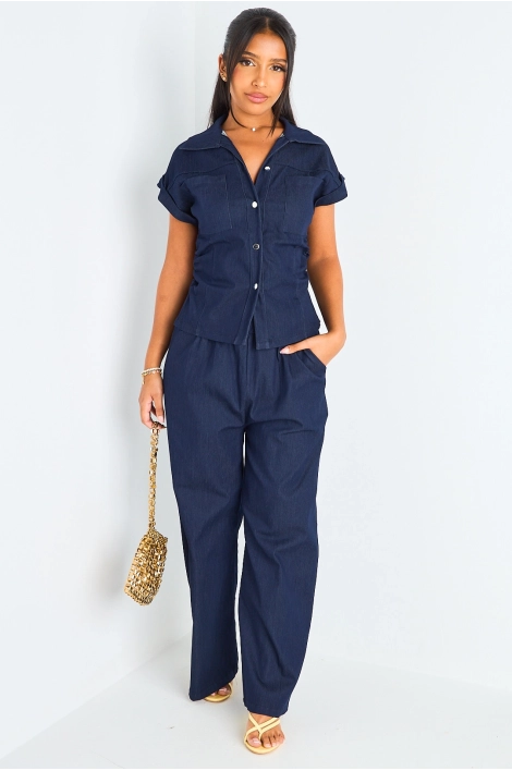 Ensemble deux pièces effet Jean bleu brut chemise manches courtes retroussées + pantalon