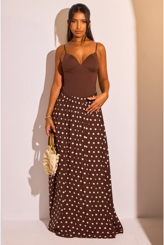 Jupe longue effet voile marron à pois blancs