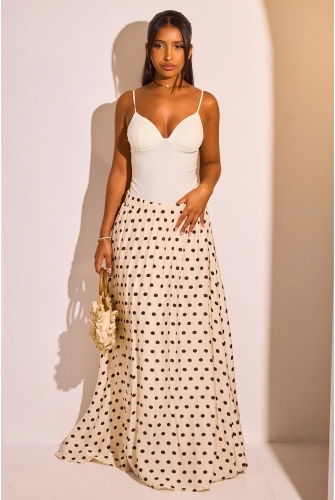 Jupe longue effet voile beige à pois marron