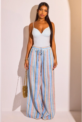 Pantalon fluide bleu à rayures multicolore