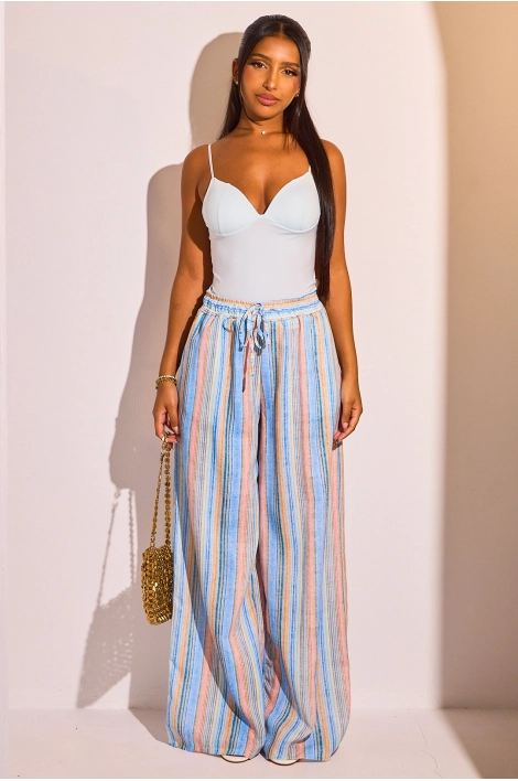 Pantalon fluide bleu à rayures multicolore
