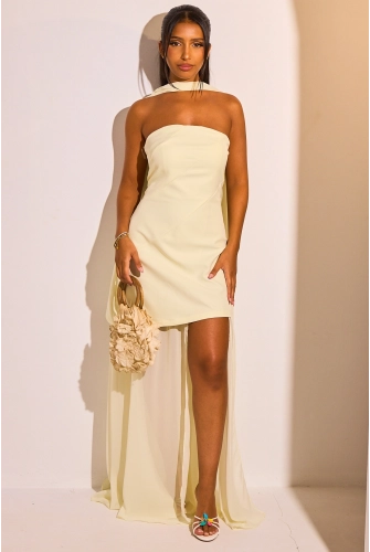 Robe bustier jaune à effet voile + foulard