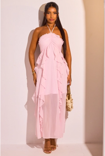 Robe dos nu à volants de couleur rose clair