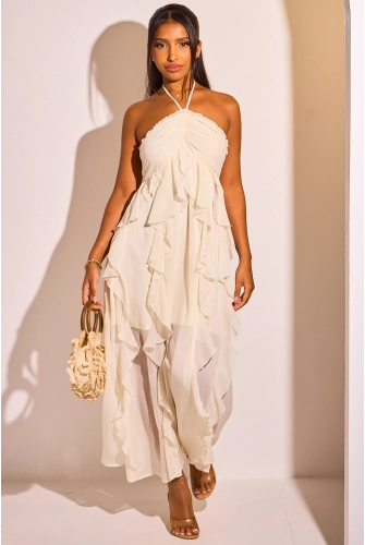 Robe dos nu à volants de couleur beige