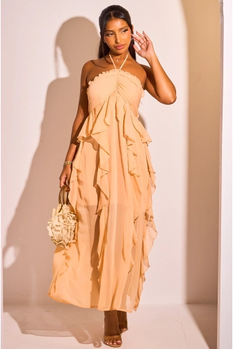 Robe dos nu à volants de couleur orange