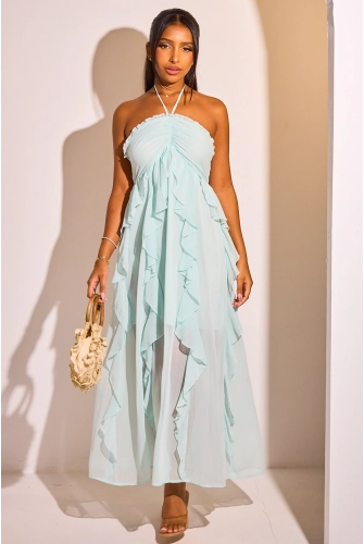 Robe dos nu à volants de couleur vert d'eau