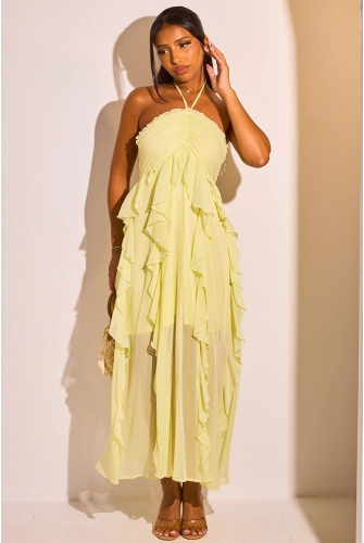 Robe dos nu à volants de couleur jaune