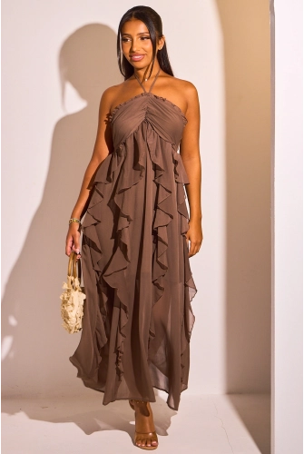 Robe dos nu à volants de couleur marron