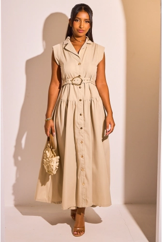 Robe chemise ceinturée beige