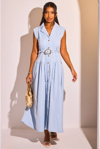 Robe chemise ceinturée bleu clair