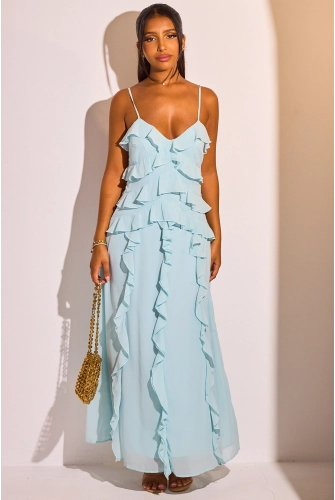 Robe bleu clair à fines bretelles et volants