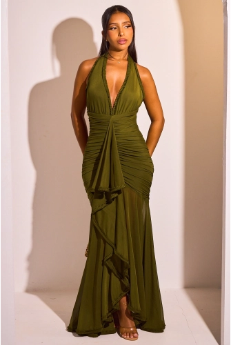 Robe longue vert kaki à empiècement et effet drapé