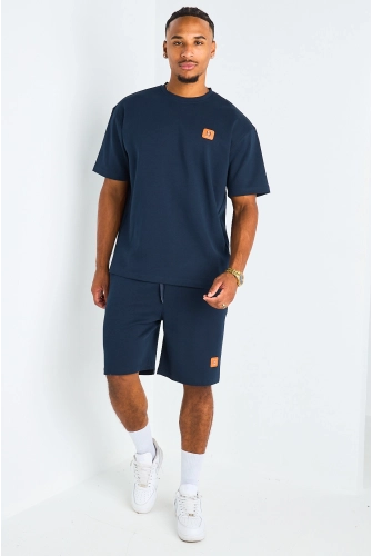 Ensemble 2 pièces : t-shirt + short à inscriptions "H" bleu foncé