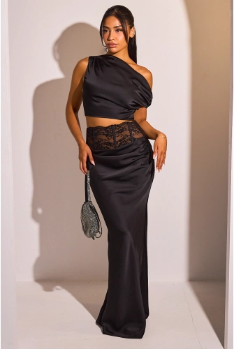 Ensemble deux pièces noir top satiné + jupe satinée à dentelle