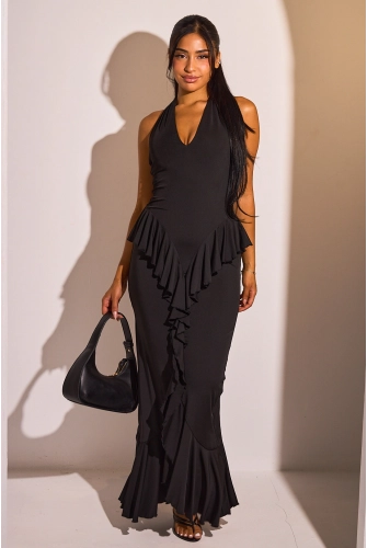 Robe dos nu noire cintrée à volants