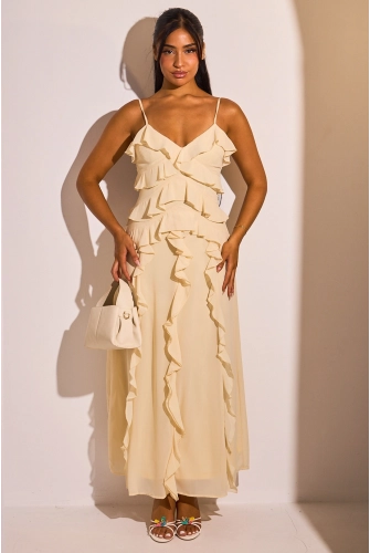 Robe jaune à fines bretelles et volants