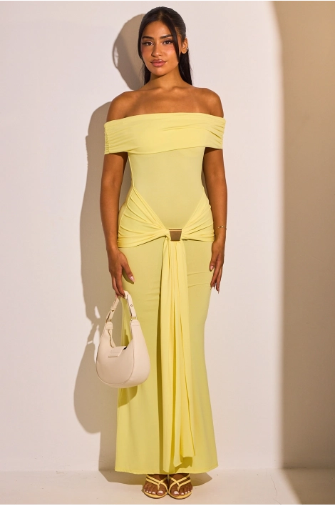 Robe jaune à col bardot et empiècement