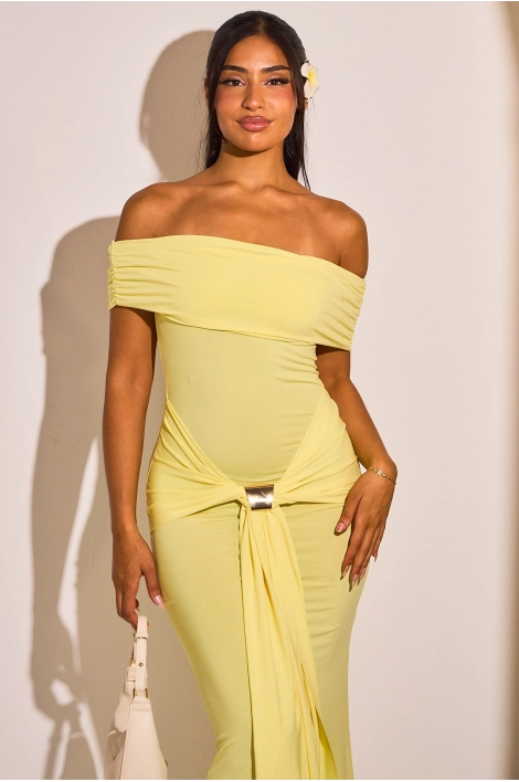 Robe jaune à col bardot et empiècement
