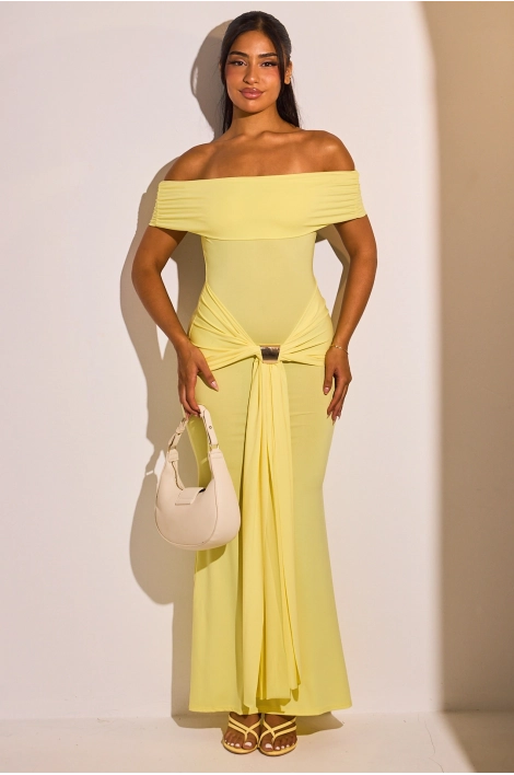 Robe jaune à col bardot et empiècement