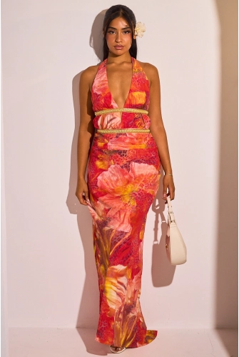 Robe dos nu rouge ajourée et perlée à motifs floraux