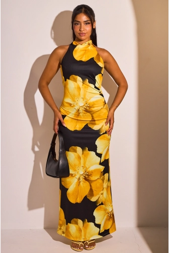 Robe longue noire à motifs floraux jaunes