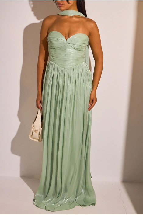 Robe bustier vert sauge à effet drapé  et satiné + étole