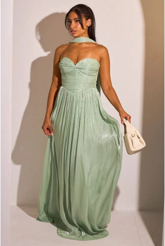 Robe bustier vert sauge à effet drapé  et satiné + étole