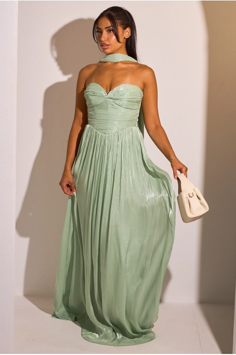 Robe bustier vert sauge à effet drapé  et satiné + étole