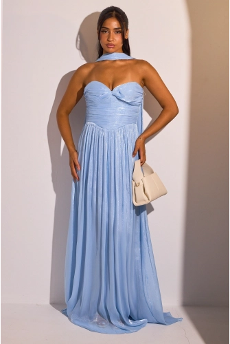 Robe bustier bleu ciel à effet drapé  et satiné + étole