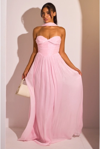 Robe bustier rose à effet drapé  et satiné + étole