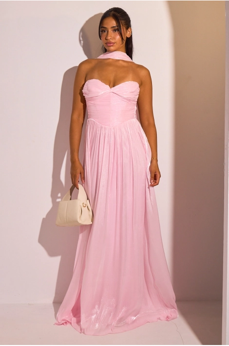 Robe bustier rose à effet drapé  et satiné + étole