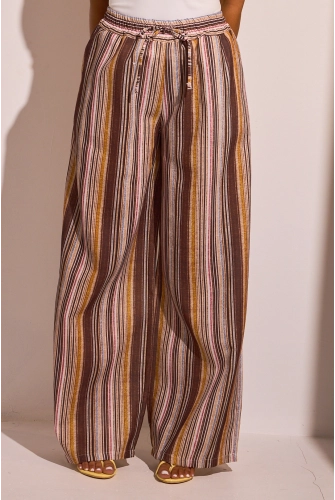 Pantalon fluide marron foncé et jaune à rayures multicolore