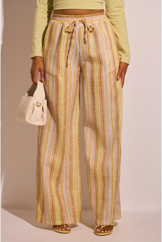 Pantalon fluide jaune à rayures multicolore