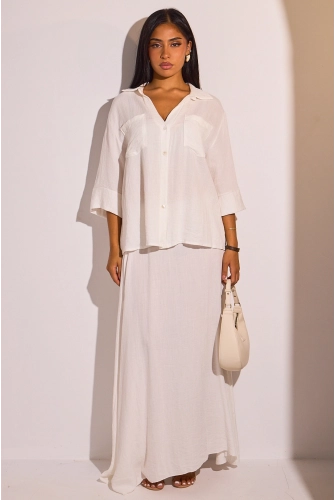 Ensemble deux pièces blanc chemise manches 3/4 + jupe fluide