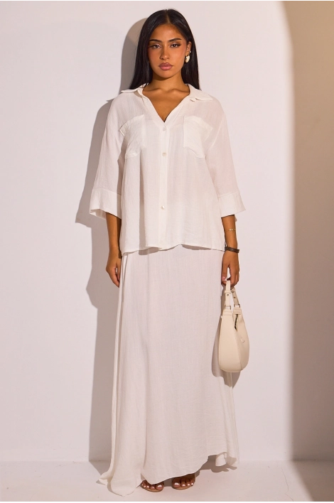 Ensemble deux pièces blanc chemise manches 3/4 + jupe fluide
