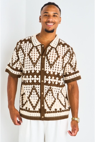 Chemise ajourée en crochet à motif losange marron